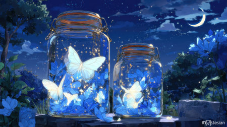 3d rendering of two glass jars with butterflies in the night forestの素材