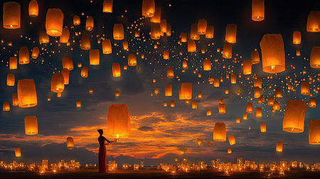 Asian woman in red dress holding lanterns flying high in the skyの素材