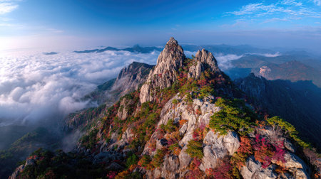 Aerial view of mountain peak with colorful autumn foliage in Huangshan, Chinaの素材