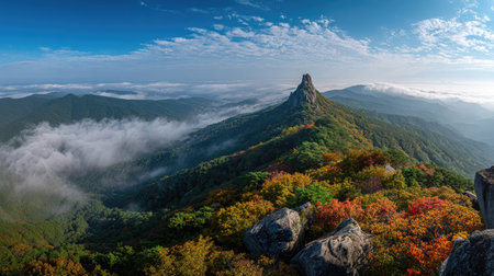 Mountain landscape with colorful autumn forest and fog in the morning.の素材