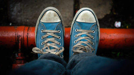 Selfie of man's feet in blue sneakers with filter effect retro vintage styleの素材