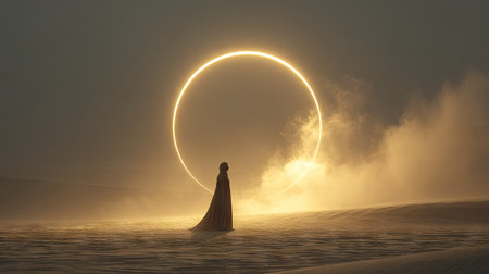 Fantasy landscape with a woman in a long dress.3d renderの素材