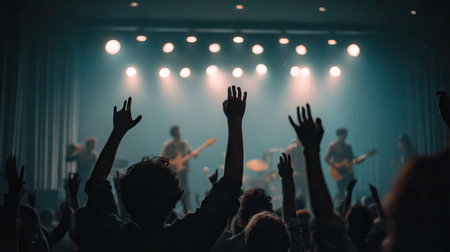 Crowd at concert with hands raised up in front of stage lightsの素材