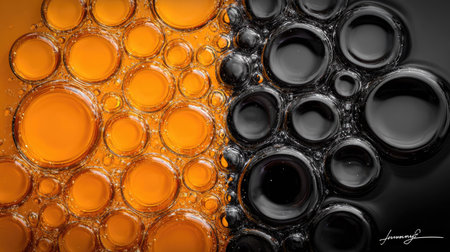 Oil drops on the water. Abstract background. Black and orange.の素材