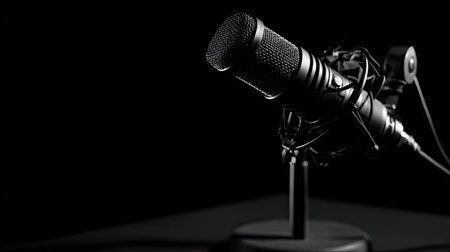 Microphone on a stand in a recording studio on a black background.の素材