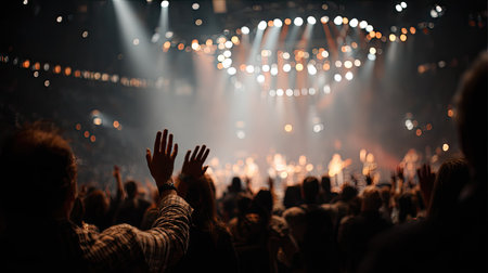 Concert crowd at a rock concert with hands raised up, blurred backgroundの素材