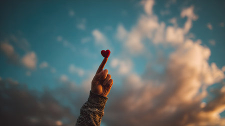 Woman hand with a red heart on the background of the sky.の素材