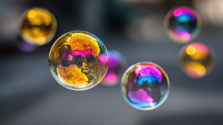 Colorful soap bubbles floating in the air. 3D illustration.の素材