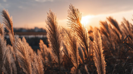 Close up of reed grass at sunset. Beautiful nature background.の素材
