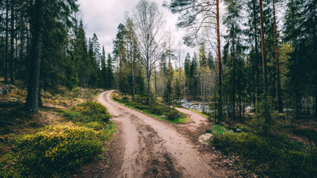 dirt road in the forest with trees and grass - retro vintage effectの素材