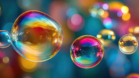 Colorful soap bubbles on colorful bokeh background, close upの素材