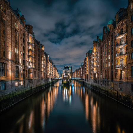 Night view of the Speicherstadt in Hamburg, Germany.の素材