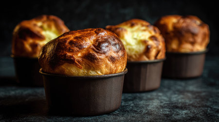 Freshly baked muffins with raisins on a dark backgroundの素材