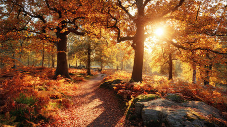 Autumn in the forest. Beautiful autumn landscape with sunbeamsの素材