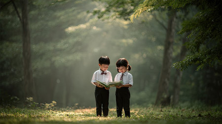 Little boy and girl reading a book in the forest with foggy backgroundの素材