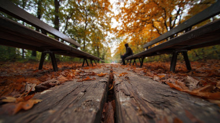 Autumn park with bench and walkway, shallow depth of fieldの素材