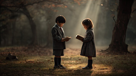 Cute little boy and girl reading a book in the autumn forestの素材