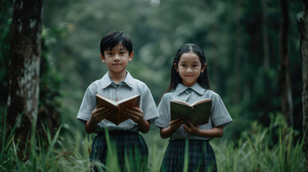 Asian boy and girl reading a book in the forest. Education concept.の素材