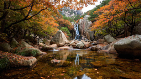 Autumn landscape with waterfalls and colorful trees in Huangshan, Chinaの素材