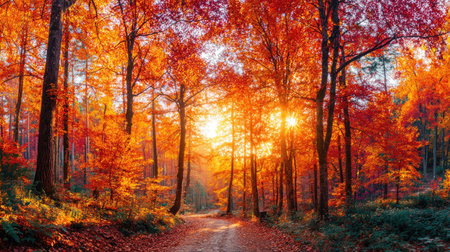 Sunset in the autumn forest. Beautiful landscape with autumn forest.の素材
