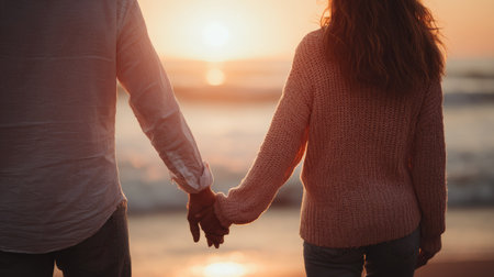 Rear view of couple holding hands while standing on beach at sunsetの素材