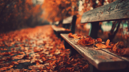 Autumn park bench with fallen leaves. Vintage toned image.の素材