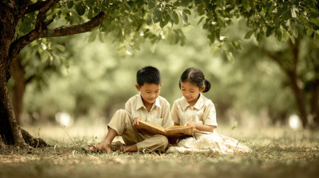 Asian boy and girl reading a book together in the park. Vintage tone.の素材