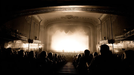 Crowd in front of a stage during a concert in a theaterの素材