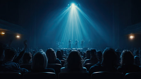 Crowd of people watching the concert in the auditorium at nightの素材