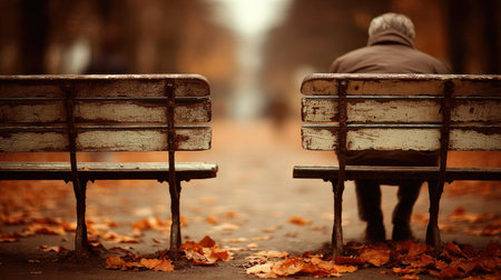 two old men sitting on a bench in the park with autumn leavesの素材