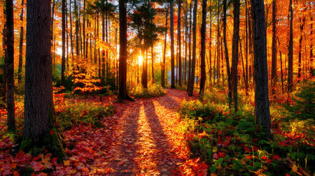 Sunset in the autumn forest. Colorful autumn trees in sunlight.の素材