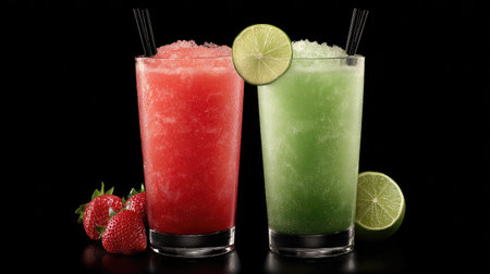 Refreshing summer cocktails with lime and strawberry on a black backgroundの素材