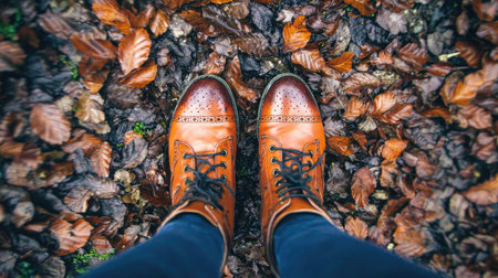 Selfie of man's legs in brown leather boots on autumn leavesの素材