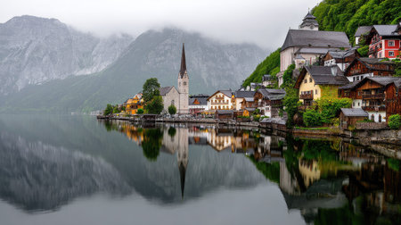 Hallstatt village on the shore of Hallstatter See lake, Austriaの素材