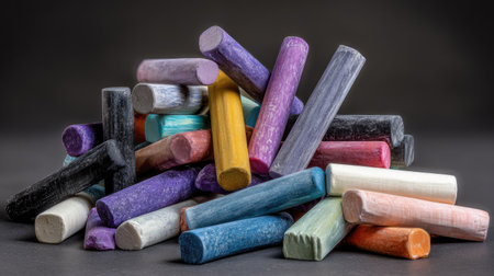Colorful chalk crayons on black background. Studio shot.の素材