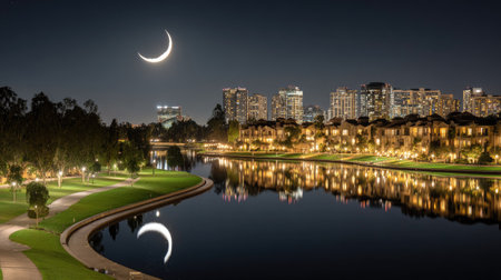 Night view of the lake and cityscape with crescent moon.の素材