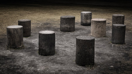 Black and white image of a group of concrete blocks on the groundの素材