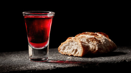 Tequila shot with a slice of bread on a black backgroundの素材