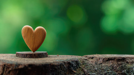 Wooden heart on tree stump with nature green bokeh backgroundの素材