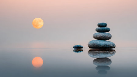 Zen stones and full moon reflected in water. 3d illustration.の素材