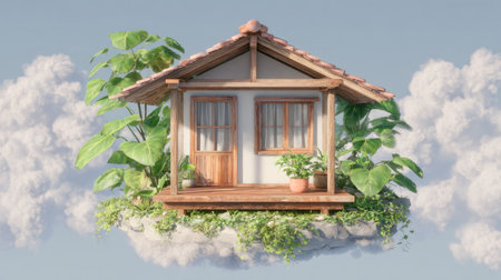 House in the clouds. 3D illustration. 3D CG. High resolution.の素材