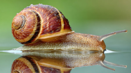 Snail on the water surface, close-up of a snailの素材