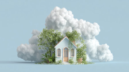 House with white clouds on blue background. 3D rendering illustration.の素材