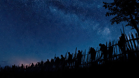 Silhouette of people praying in the night sky with stars.の素材