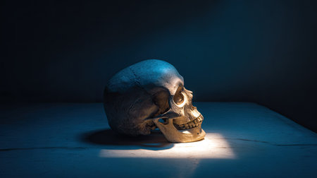 Human skull on dark background with light from lamp. Halloween concept.の素材
