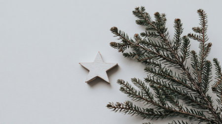 Christmas composition. Christmas tree branches, star on white background. Flat lay, top view, copy spaceの素材