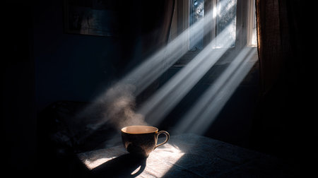 Cup of coffee in the rays of the light from the windowの素材