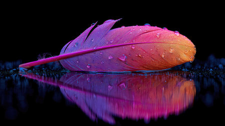 Beautiful color feather on black background with water drops. Close upの素材