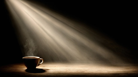 Cup of coffee on wooden table in dark room with rays of lightの素材