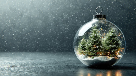 Christmas tree in a glass ball on a black background with snowfallの素材